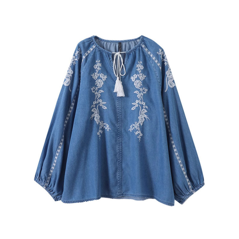 Women Denim Blouse Top Flower  - Tassel Fringe Trim บทวิจารณ์และราคา