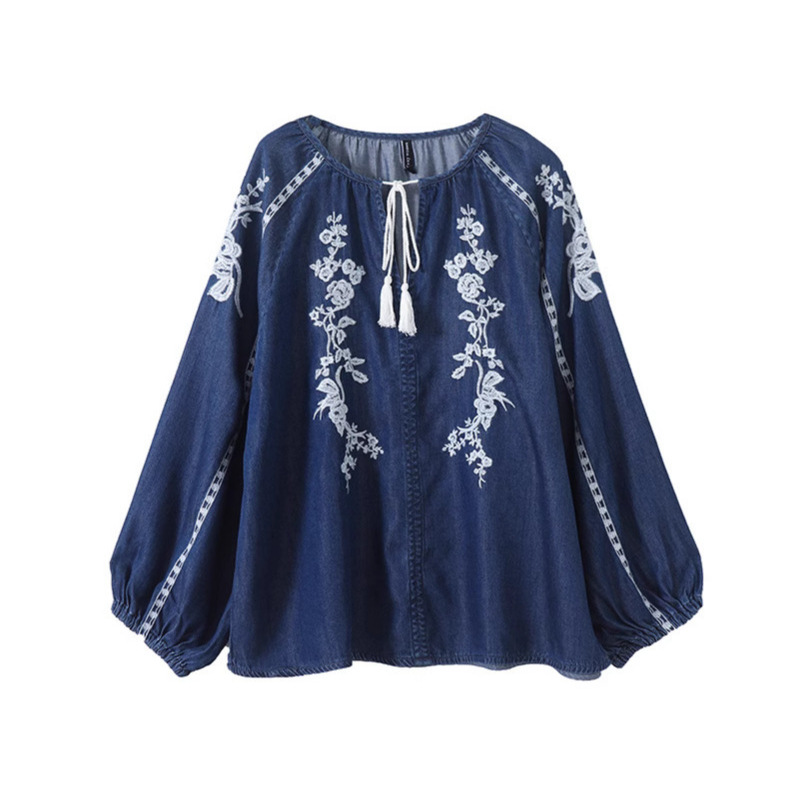 Women Denim Blouse Top Flower  - Tassel Fringe Trim บทวิจารณ์และราคา