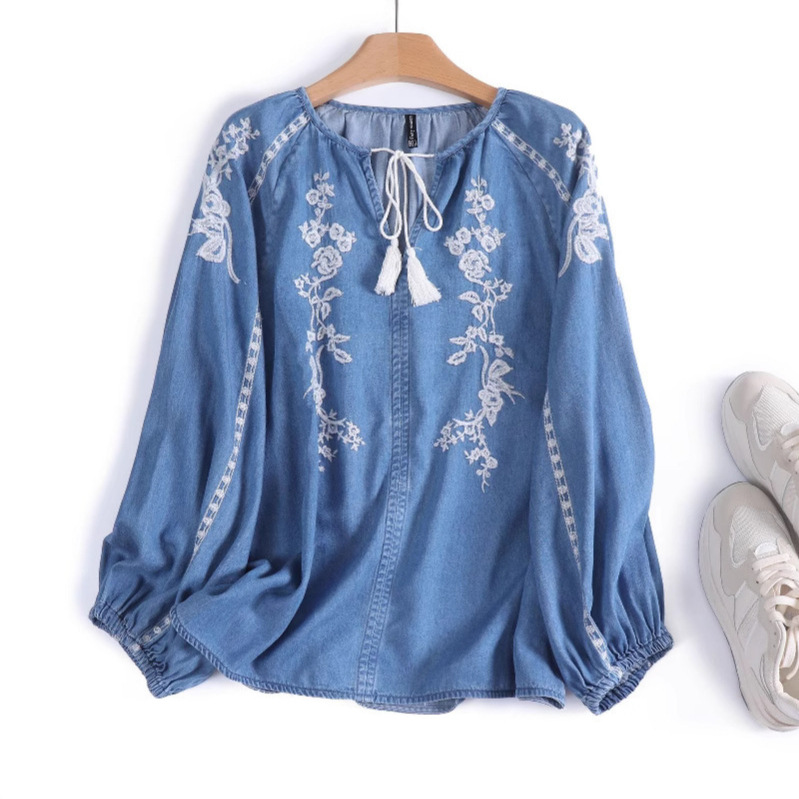Women Denim Blouse Top Flower  - Tassel Fringe Trim บทวิจารณ์และราคา
