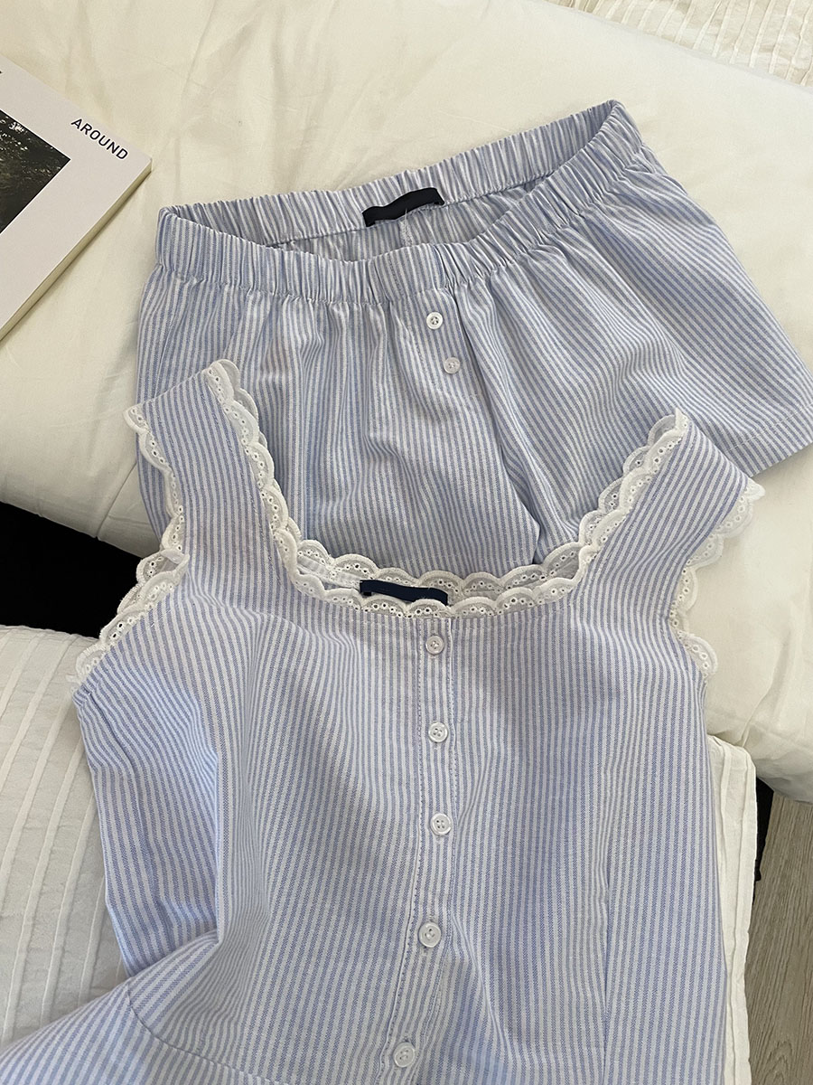 Blue Striped Shorts 2 Piece Se - Elastic Lace Trim บทวิจารณ์และราคา