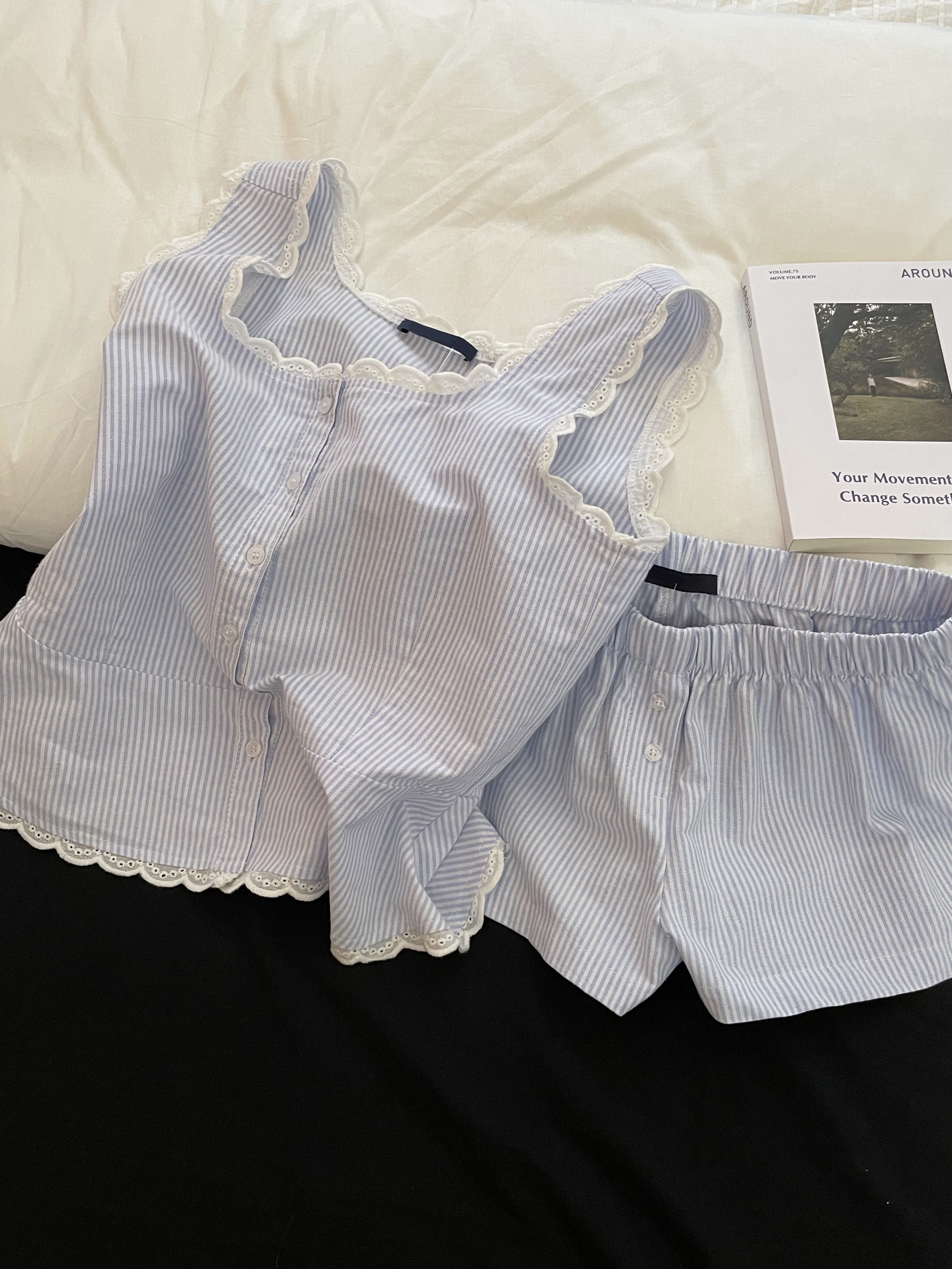 Blue Striped Shorts 2 Piece Se - Elastic Lace Trim บทวิจารณ์และราคา