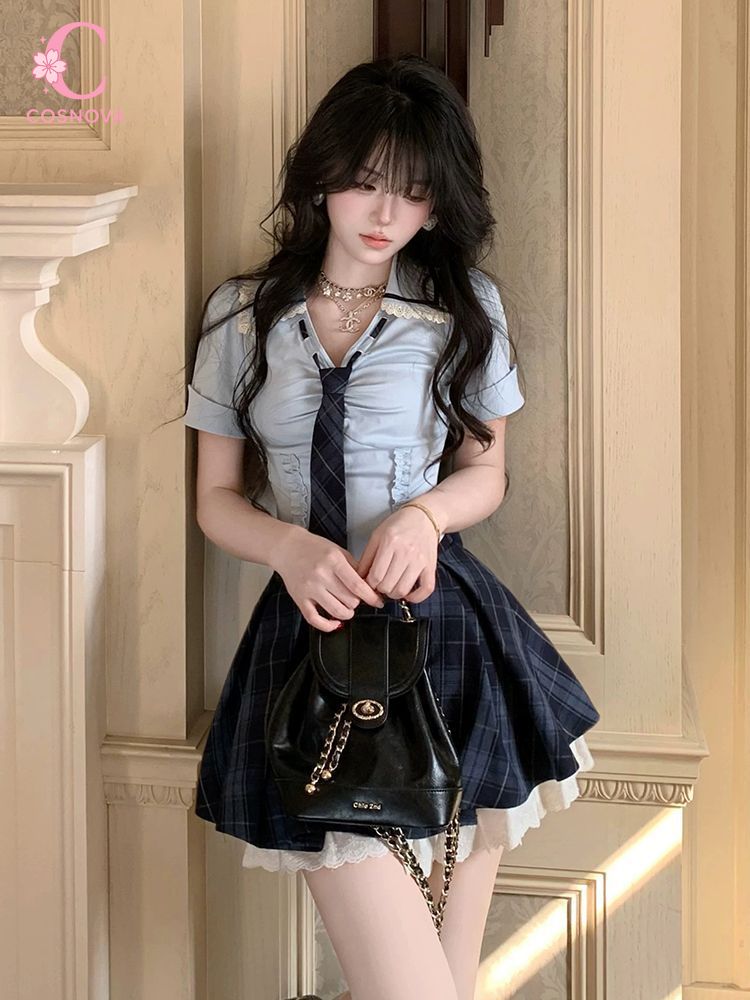 Summer New Preppy Y2K 2 Piece  - Elastic Lace Trim บทวิจารณ์และราคา