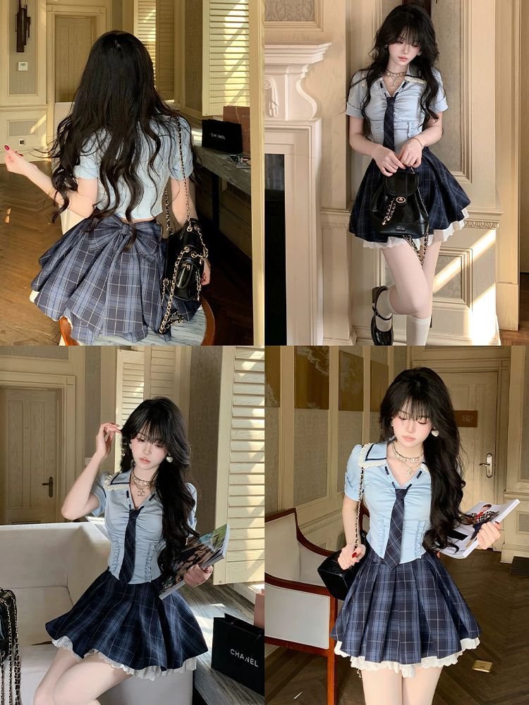 Summer New Preppy Y2K 2 Piece  - Elastic Lace Trim บทวิจารณ์และราคา