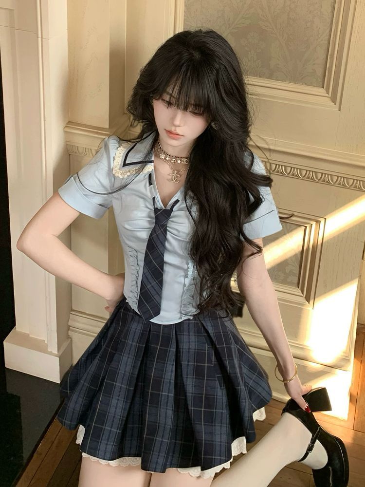 Summer New Preppy Y2K 2 Piece  - Elastic Lace Trim บทวิจารณ์และราคา