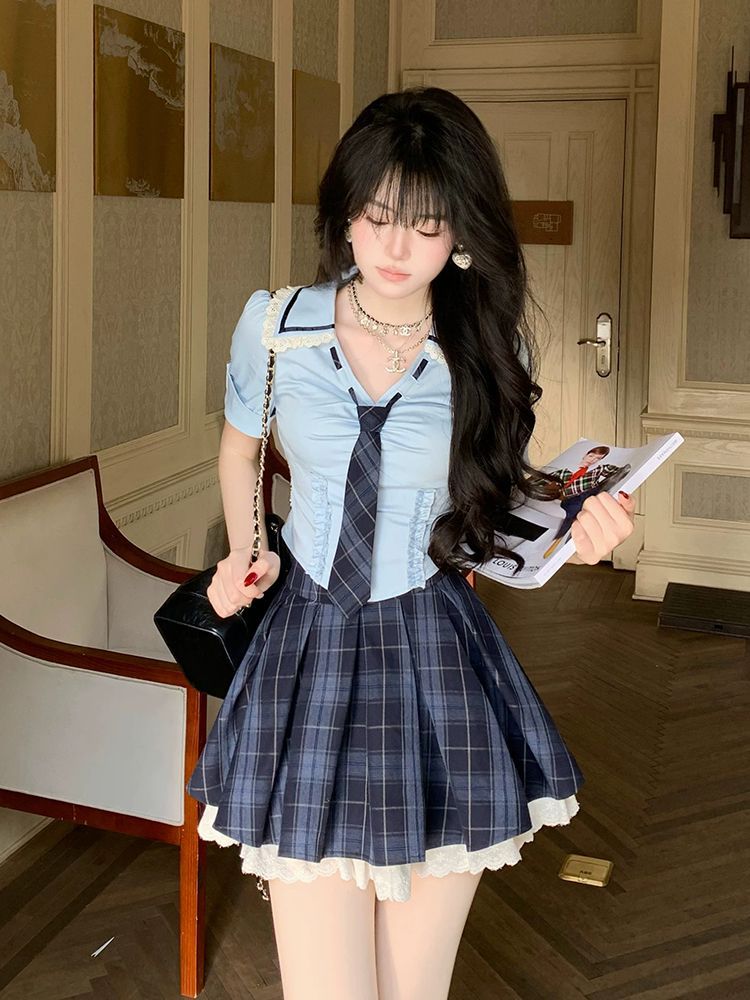 Summer New Preppy Y2K 2 Piece  - Elastic Lace Trim บทวิจารณ์และราคา
