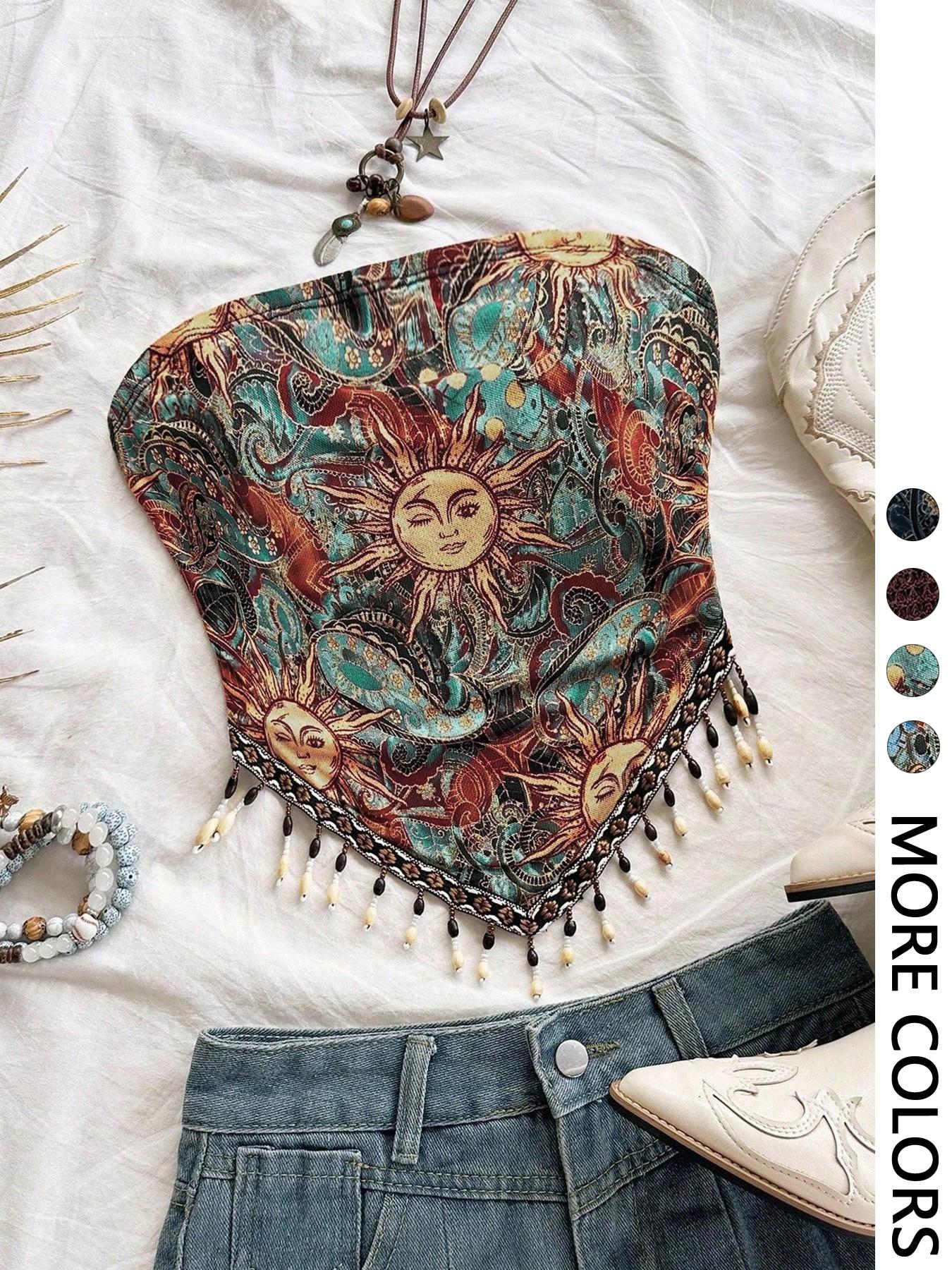 Ladies' 1pc Printed Mesh Knitt - Beaded Trim Fringe บทวิจารณ์และราคา
