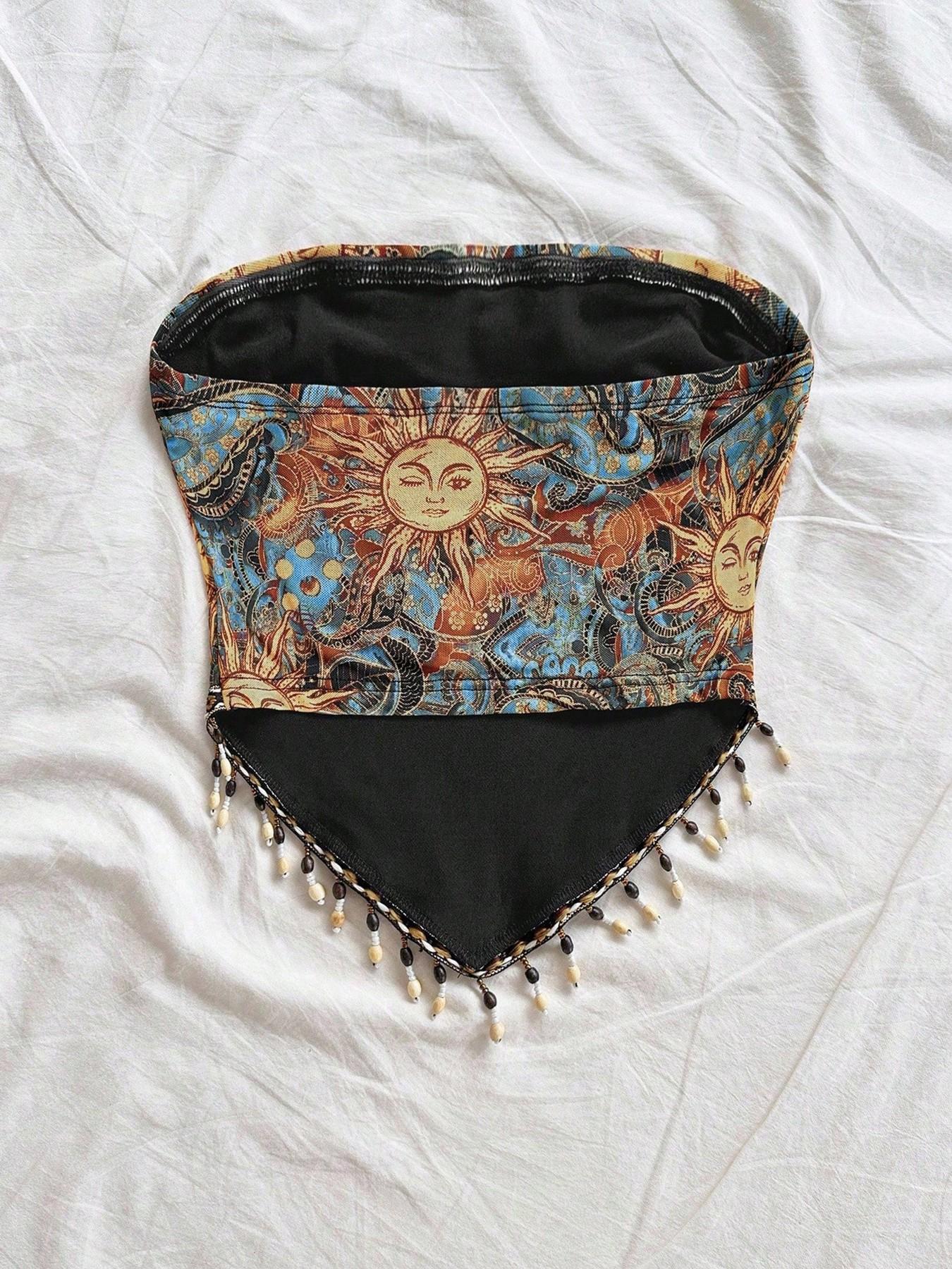 Ladies' 1pc Printed Mesh Knitt - Beaded Trim Fringe บทวิจารณ์และราคา