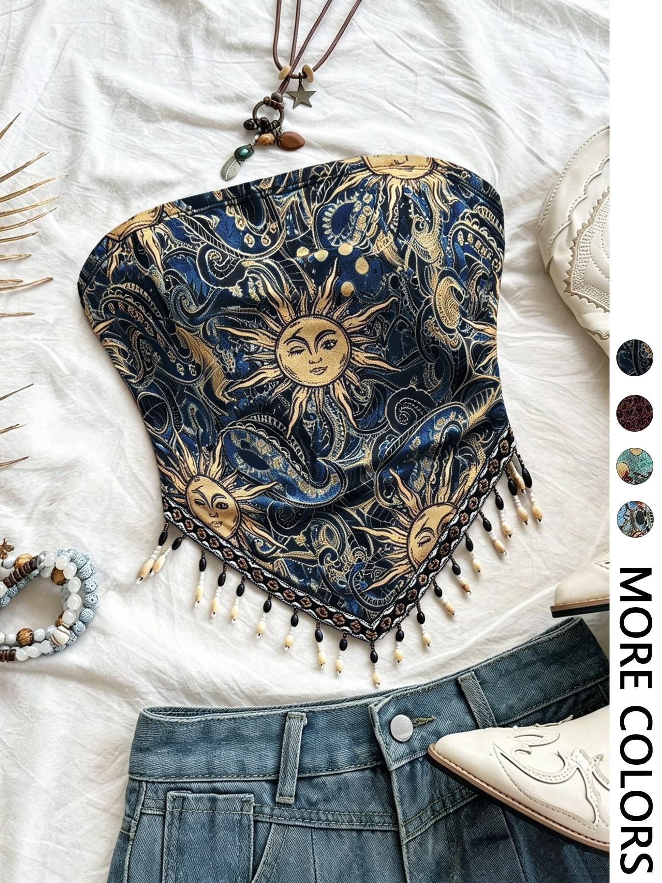 Ladies' 1pc Printed Mesh Knitt - Beaded Trim Fringe บทวิจารณ์และราคา