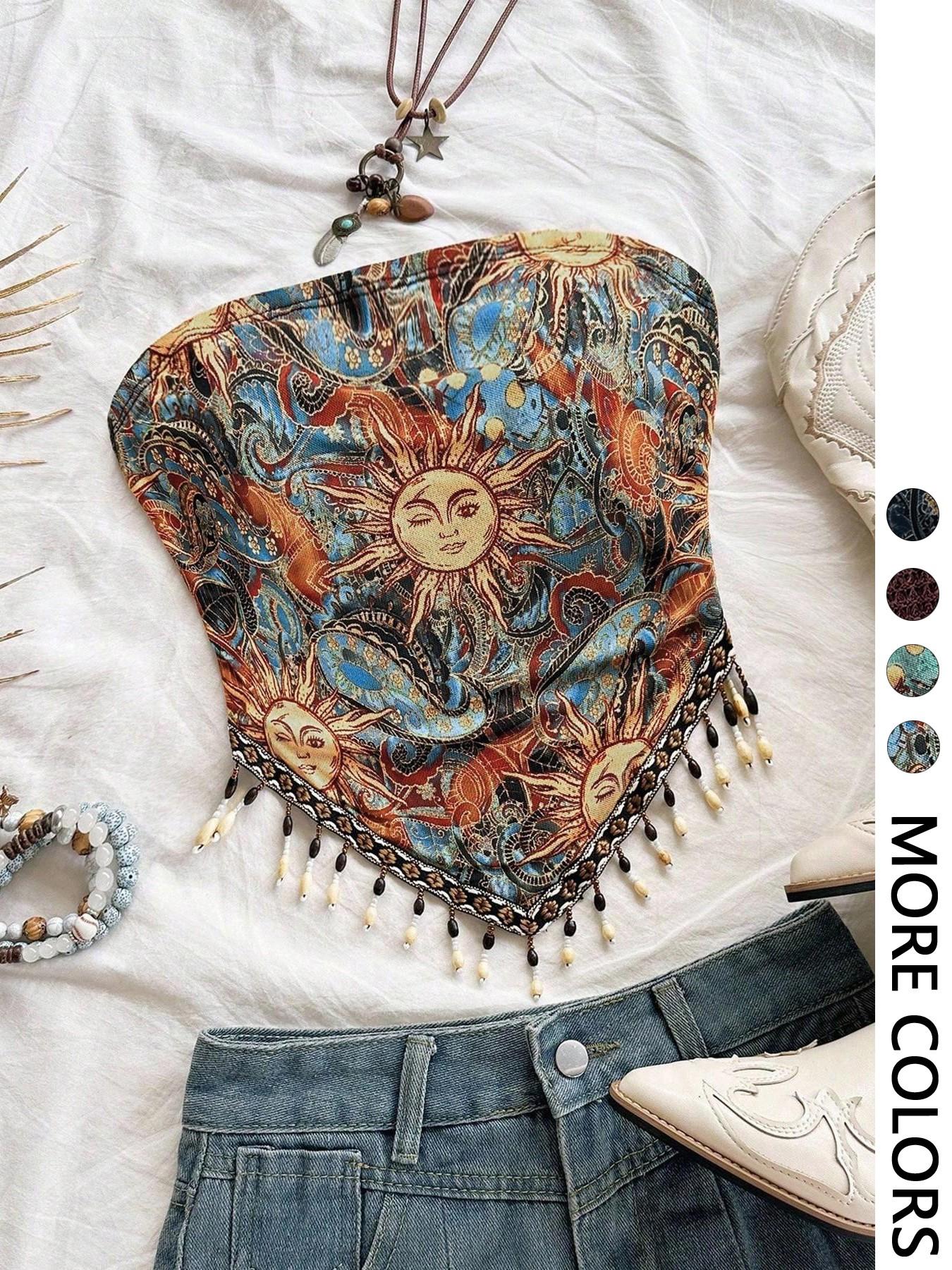 Ladies' 1pc Printed Mesh Knitt - Beaded Trim Fringe บทวิจารณ์และราคา