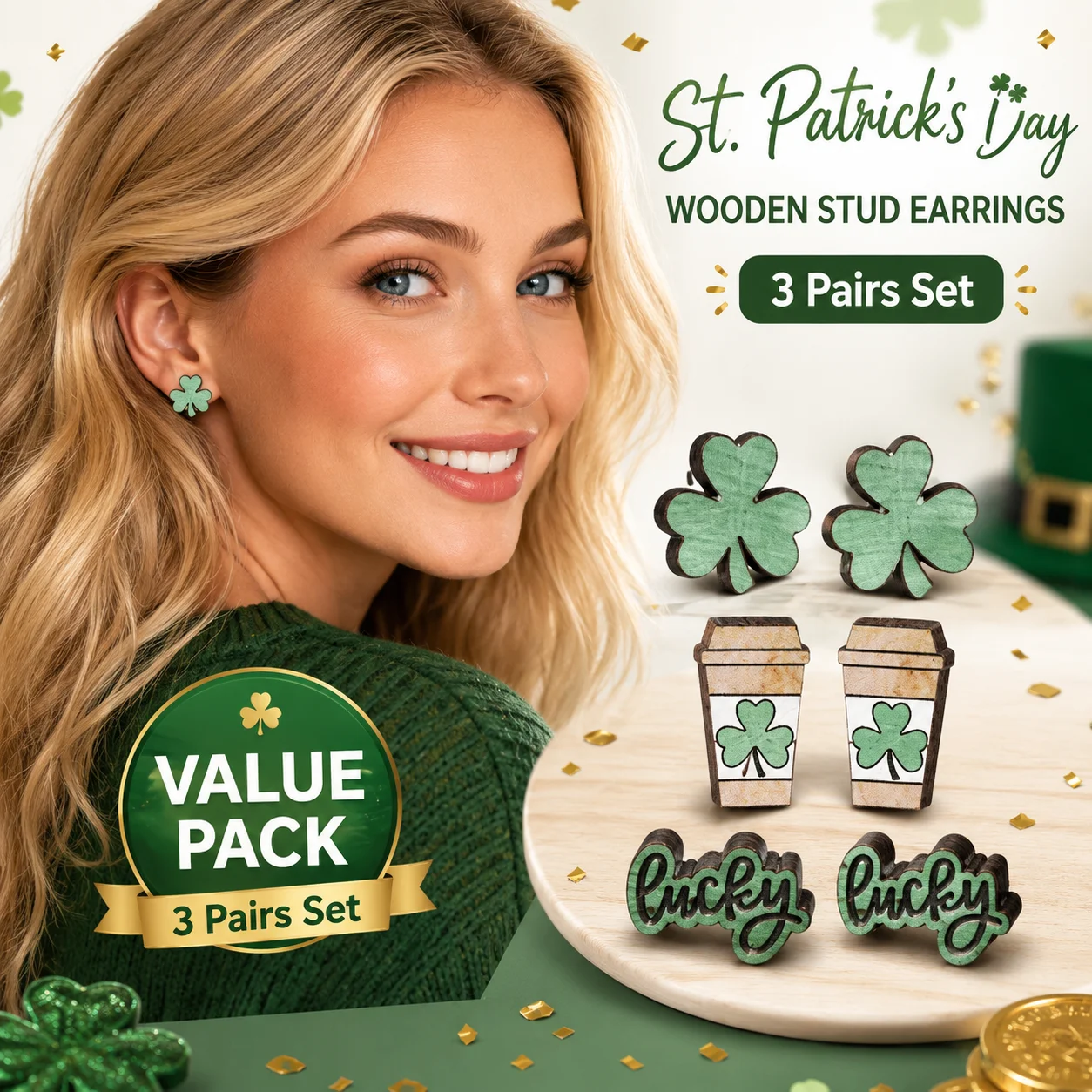 3 Pairs/Set Fashionable Wooden - Iron On Stud Set บทวิจารณ์และราคา