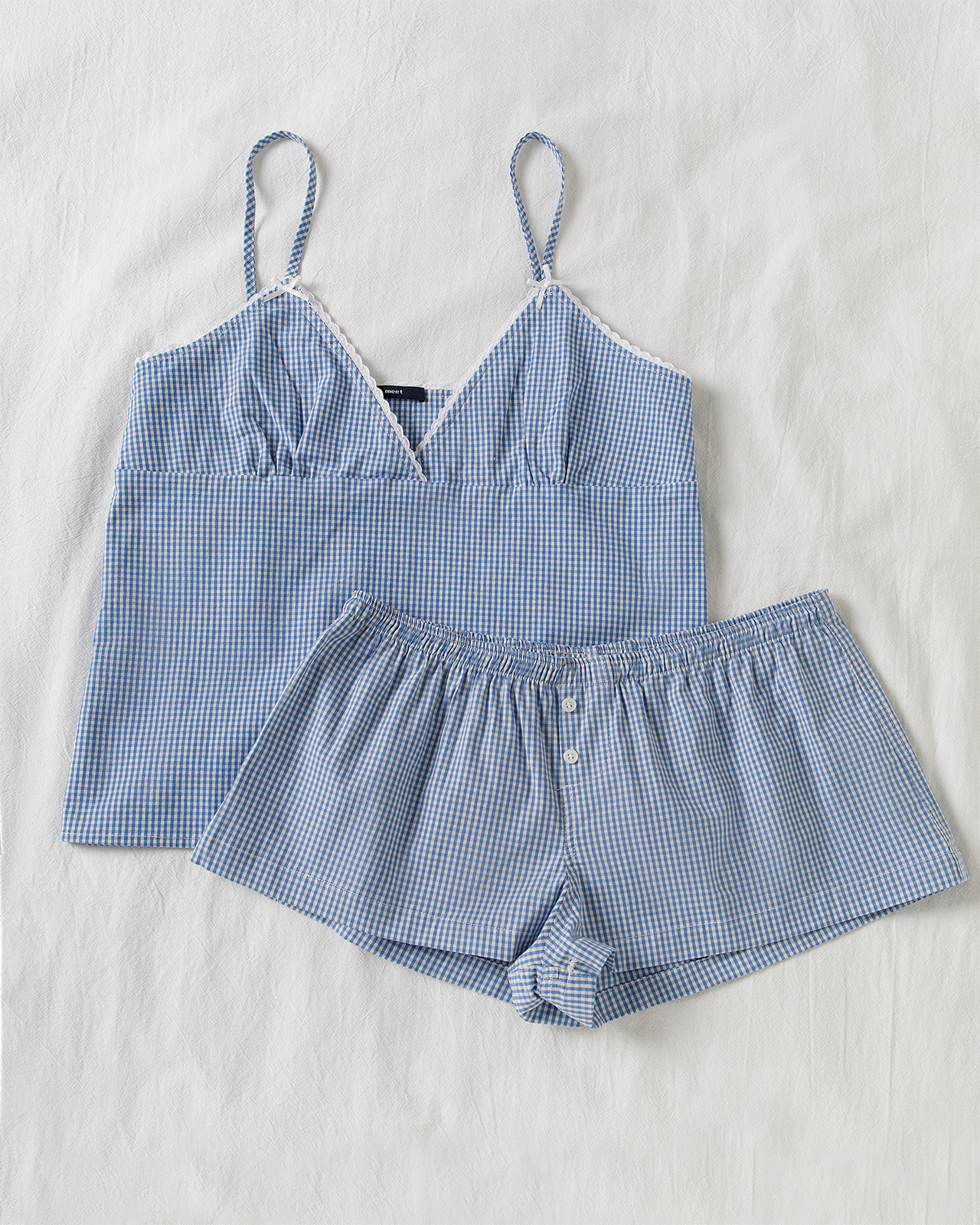 Blue Plaid Shorts 2 Piece Set  - Elastic Lace Trim บทวิจารณ์และราคา
