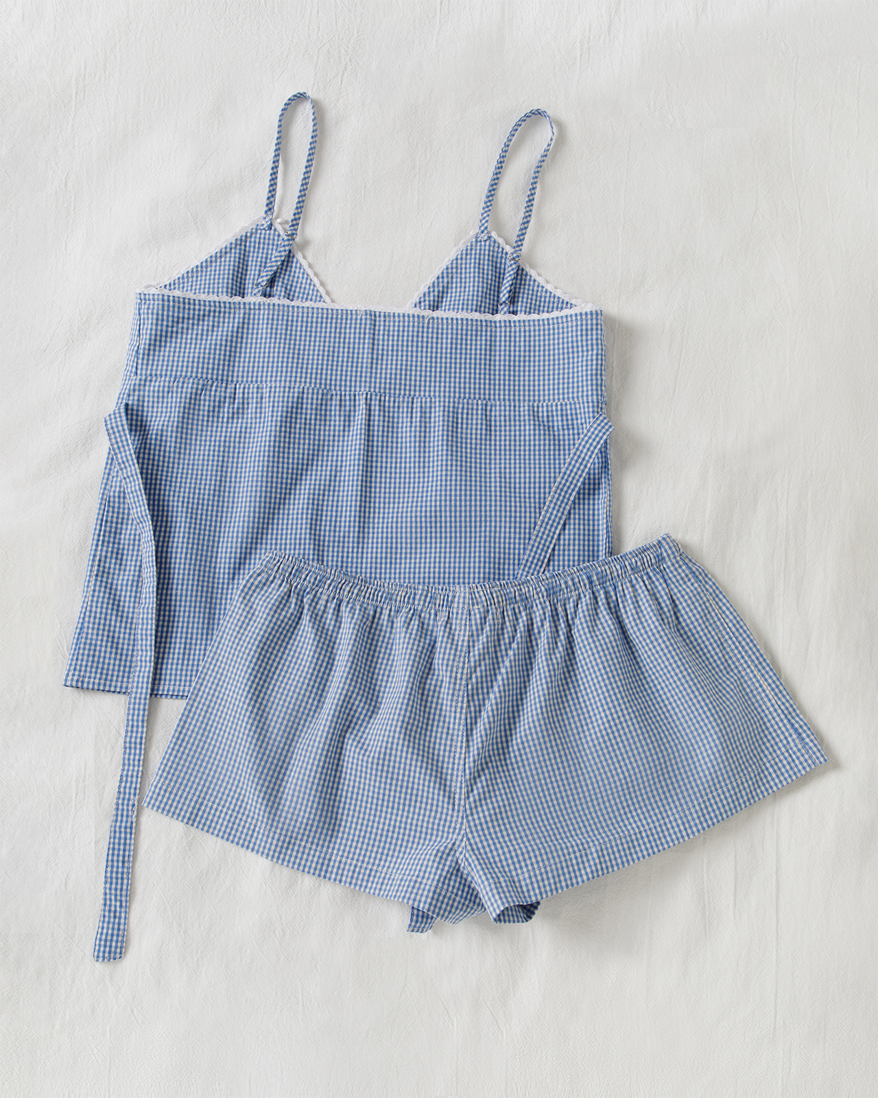 Blue Plaid Shorts 2 Piece Set  - Elastic Lace Trim บทวิจารณ์และราคา