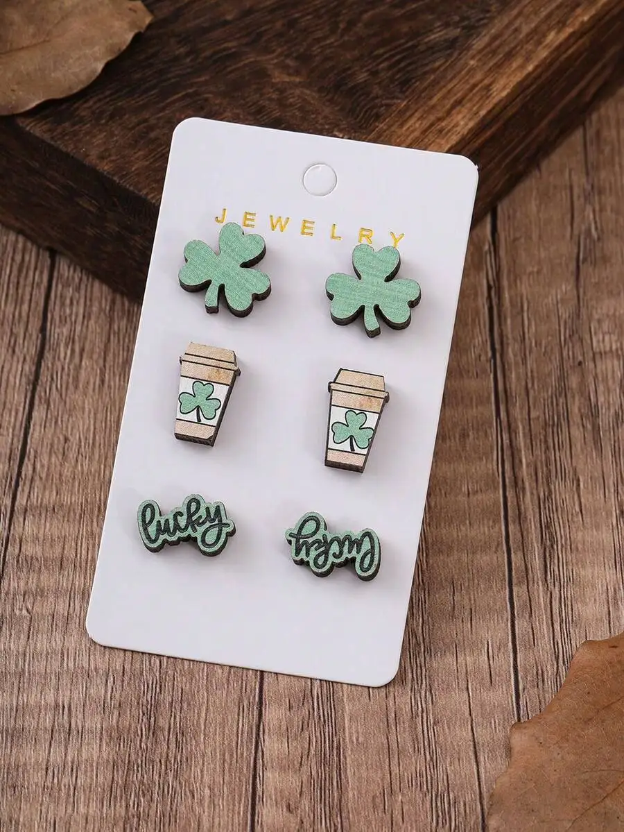 3 Pairs/Set Fashionable Wooden - Iron On Stud Set บทวิจารณ์และราคา
